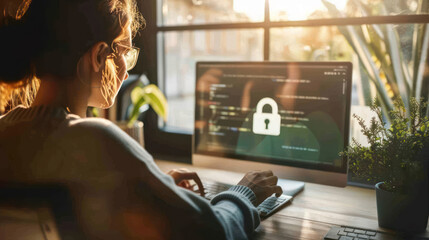 A person using a secure internet connection to update their Social Security information online, with a padlock icon visible on the screen to represent security