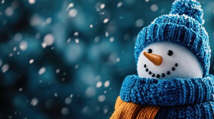 Obraz premium Cheerful snowman wearing a blue hat and orange scarf amidst falling snow.