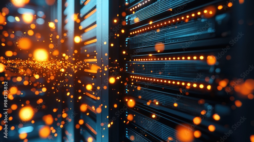 Poster data center with glowing lights and server racks on a dark background.