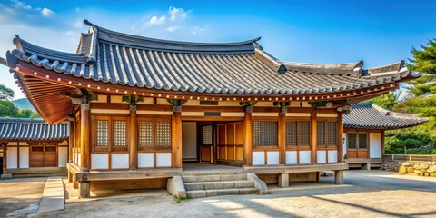 Fototapeta premium Traditional Korean house with curved roof and wooden beams, Korean architecture, hanok