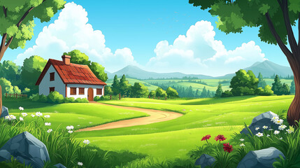 a cute cartoon vector illustration flat cartoon of Green meadow landscape and country house.