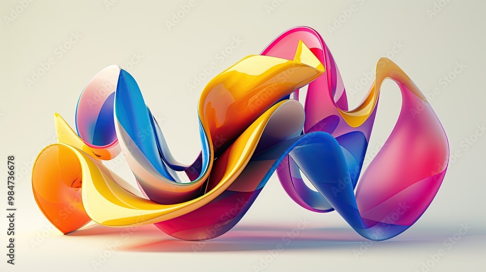 Poster a set of abstract, colorful shapes arranged in a dynamic composition