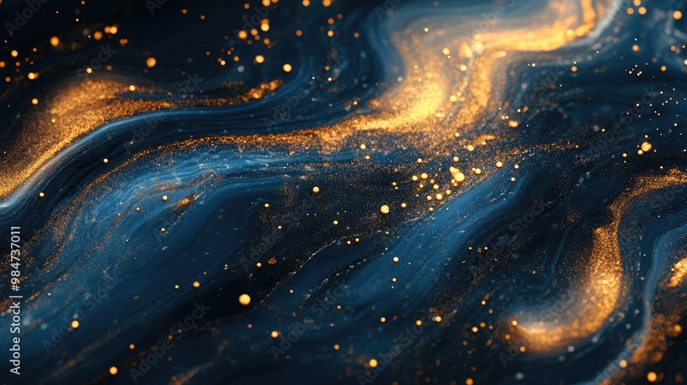Poster abstract background with dark blue and gold hues, featuring intricate patterns and shimmering partic