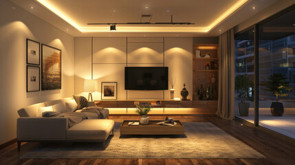 A minimalist small living space with a combination of floor lamps and track lighting, providing both ambient and task lighting in a stylish, efficient way