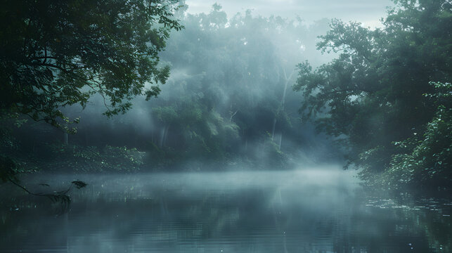 Morning mist rolling through a dense forest, foggy weather, mysterious ambiance