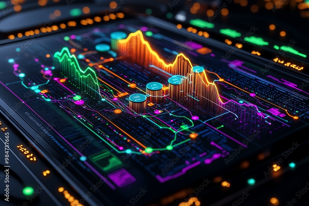 Poster abstract business data visualization, with colorful lines, dots, and segments representing key analy