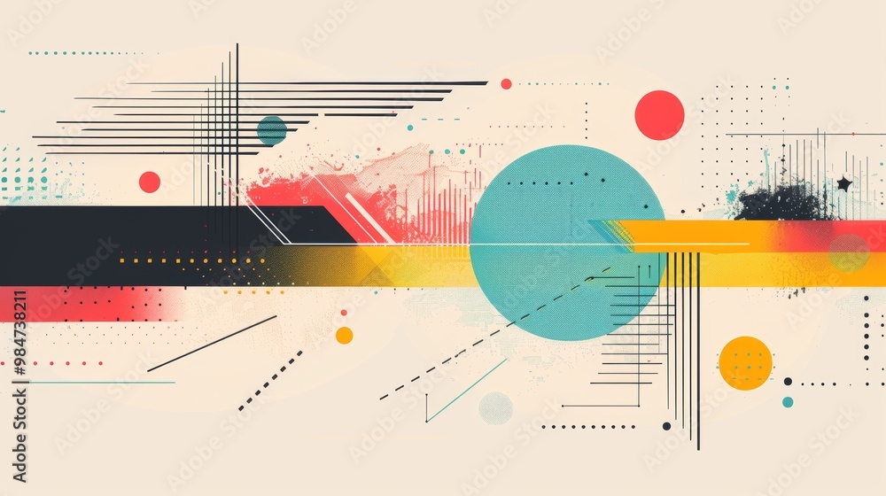 Poster an abstract geometric pattern featuring an array of colorful circles and lines in various shapes and