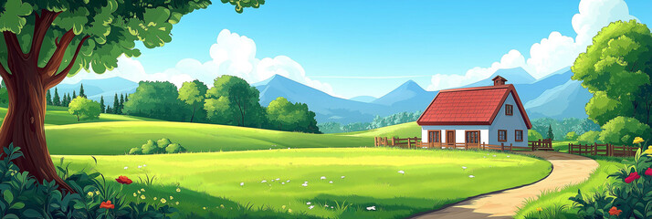 Obraz premium a cute cartoon vector illustration flat cartoon of Green meadow landscape and country house.