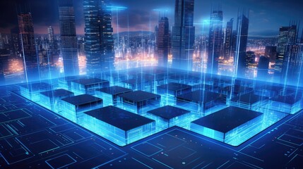 A futuristic cityscape with glowing blue lines connecting to a central platform with server boxes, representing the data processing power of a smart city.