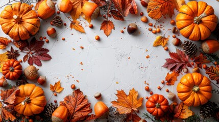 Fototapeta premium Thanksgiving and Harvest Festival. A flat lay of autumn leaves, acorns and pumpkins on white background with space in the center for text or product display