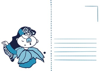 Whimsical Winter Fairy Postcard: Ready for your heartfelt message, this enchanting postcard features a cute, blue-toned fairy with snowflake details.
