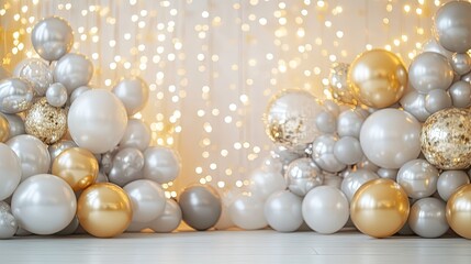 Holiday background with silver and gold metallic balloons, christmas or other events, confetti and ribbons. Birthday party, anniversary, new year.