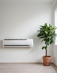 Minimalistic white room with a potted plant and an air conditioner on the wall, bathed in natural light. This image represents simplicity, modern living, and the importance of clean, fresh air in inte