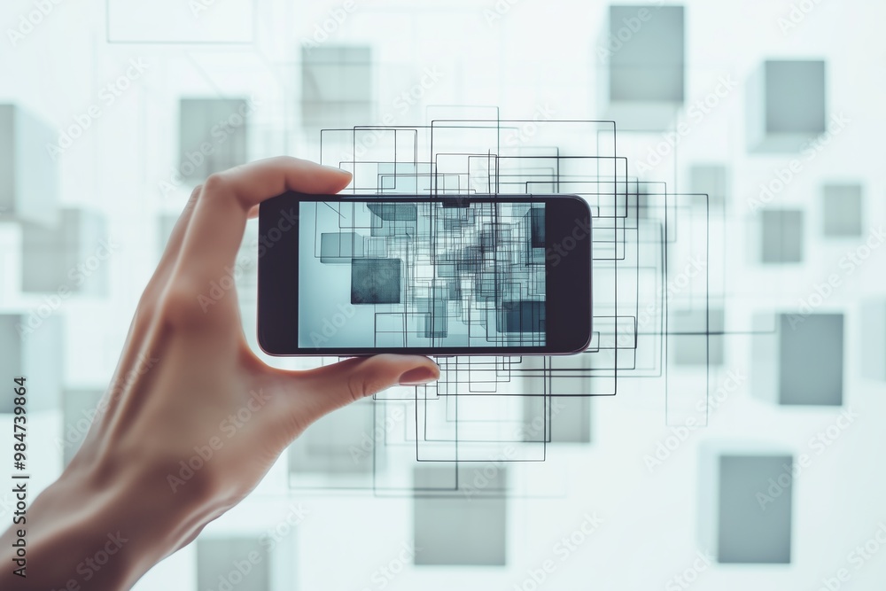 Poster digital dimensions: a hand holds a smartphone, its screen aglow with abstract geometric patterns, ag
