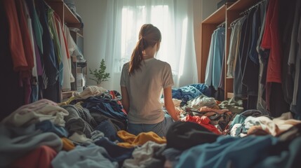 Woman is sitting on her bed surrounded by piles of clothes, staring thoughtfully out the window