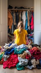 Woman surrounded by clothes is organizing her closet and deciding what to keep