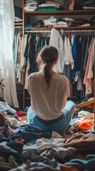 Woman is sitting on the floor surrounded by clothes, looking at her wardrobe full of clothes