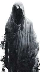 A mysterious figure shrouded in a white robe, their face hidden in the shadows. The figure is shrouded in dark, ethereal fog, creating a sense of mystery and intrigue.