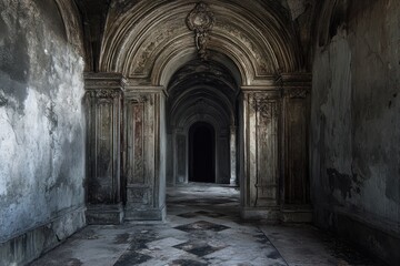 Obraz premium A Dark and Decaying Hallway with Ornate Archways