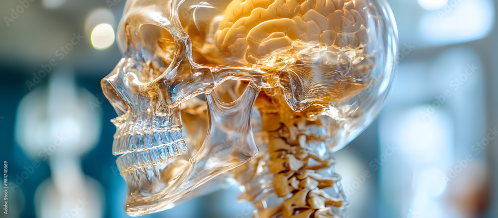 Poster a skull is displayed in a glass case with a brain inside