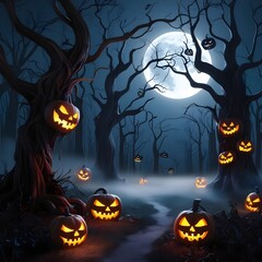 A spooky Halloween night with glowing jack-o'-lanterns in a dark forest under a full moon