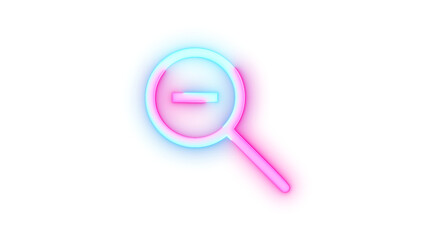 Neon icon zoom out symbol cyan pink color transparent background