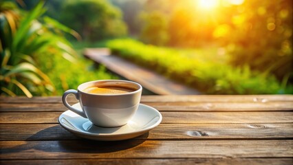 Obraz premium A hot espresso breakfast coffee cup on wooden table with natural morning light , espresso, breakfast, coffee, cup