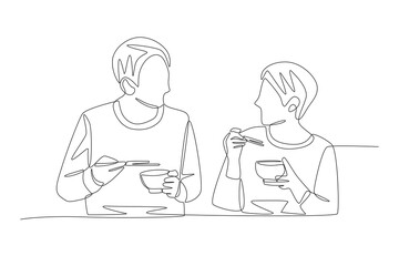 Japanese family couple eating. Families in japan concept one-line drawing