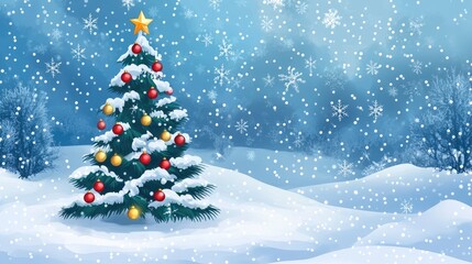 Fototapeta premium Winter scene with a Christmas tree and snow-covered landscape
