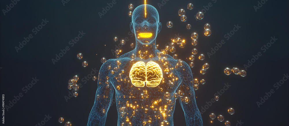 Poster a man's brain is glowing in a computer generated image