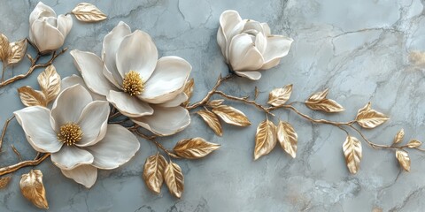 This stunning collection of delicate white flowers with golden accents showcases botanical beauty in a minimalistic design, elevating any space with charm and simplicity for various decor styles