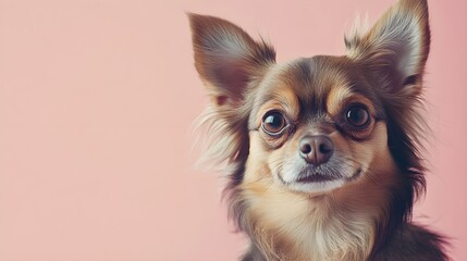 A playful Russian Toy dog with a shiny coat, looking curiously at the camera against a soft pastel background