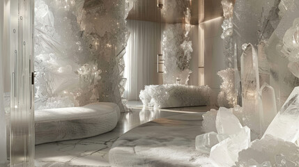 A luxury lifestyle where everything in the home is made of crystal, from the furniture to the walls, creating a living environment that glimmers and shines with every movement