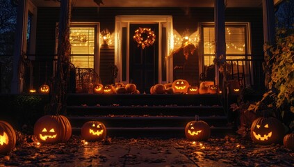 Obraz premium Halloween pumpkins on the front porch of an American house at night The scene is illuminated by warm lights, creating a spooky atmosphere Generative AI