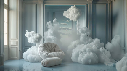 A luxury interior design where the furniture is made from clouds, soft and fluffy, floating in place and changing shape as you move through the room