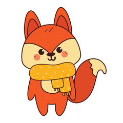 hand drawing cartoon fox wearing yellow scarf. cute animal drawing, doodle for autumn vibes