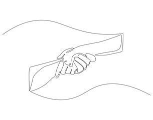 Continuous one line drawing of hands holding each other. One line drawing illustration of international charity day. Helping hand, Gesture, Help and hope concept line art. Editable outline