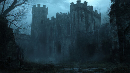 A haunted abandoned castle surrounded by a dry moat, with creeping vines covering the walls.
