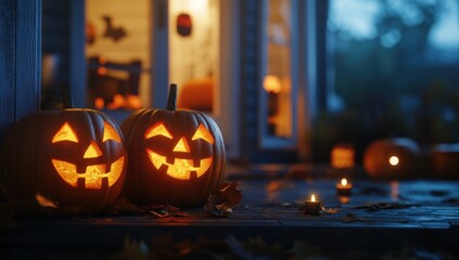 Obraz premium Halloween pumpkins on the front porch of an American house at night The light from inside is shining through the window onto two carved pumpkin carvings, creating glowing faces Generative AI
