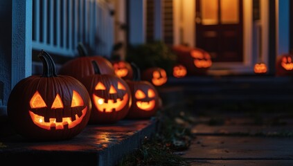 Fototapeta premium Halloween pumpkins on the front porch of an American house at night The pumpkins have carved faces and glowing lights, creating a spooky atmosphere for a Halloween party or decoration Generative AI