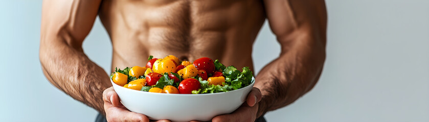 A man is holding a bowl of salad with tomatoes and lettuce