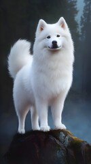 A Samoyed dog standing proudly on a , with its tail curled high and a joyful demeanor