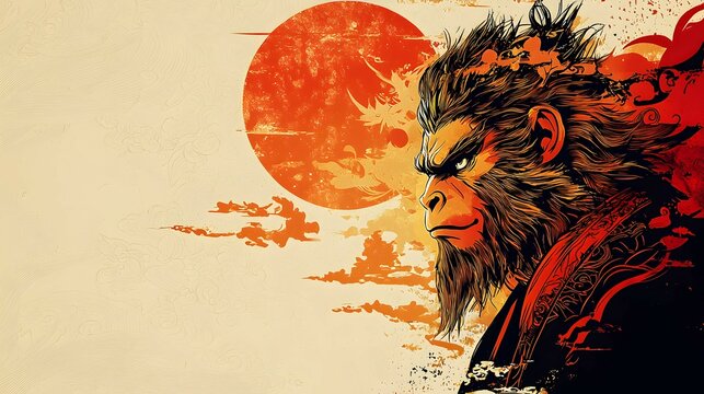 Monkey King with Red Sun and Clouds