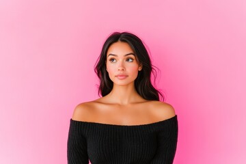 Fototapeta premium Latina woman in studio, expressing a secret, full body shot, vibrant atmosphere, engaging pose, captivating expression, intimate setting