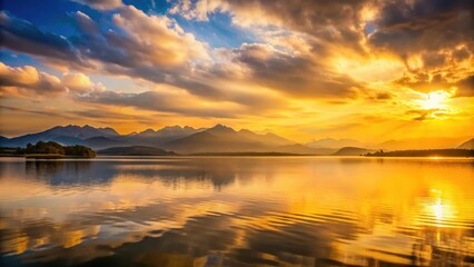 Obraz premium Tranquil evening sky with golden glow on lake and mountains in background, Tranquil, evening, sky, golden glow, lake