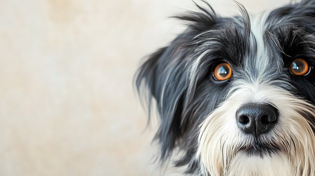 A close-up portrait of a Schapendoes dog, highlighting its expressive eyes and distinctive ear shape against a soft, light-colored backdrop