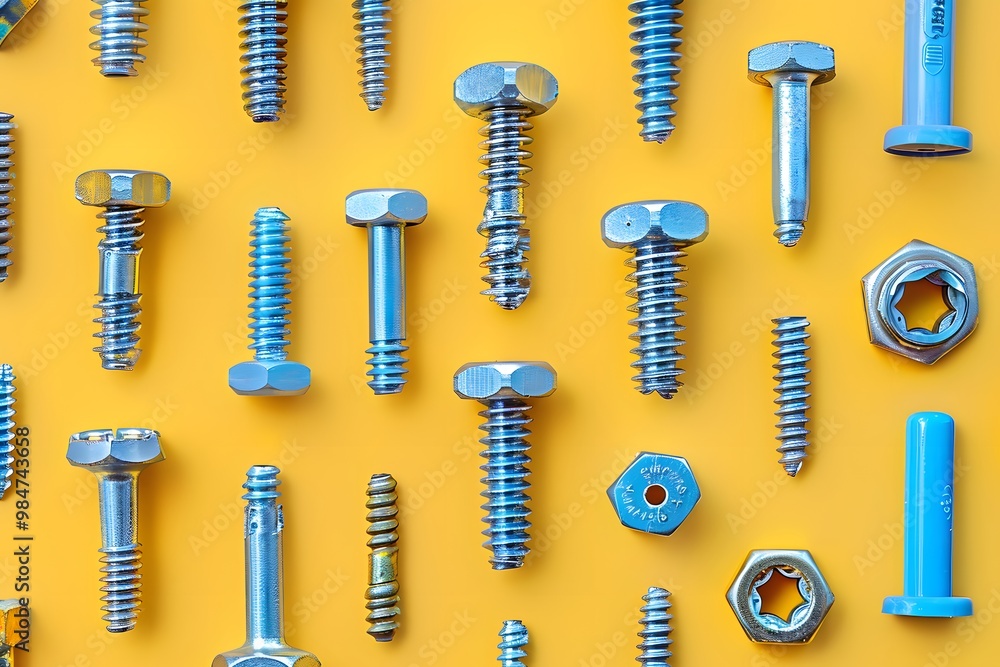 Poster a colorful array of various screws and bolts on a bright yellow background