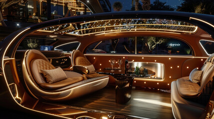 Obraz premium A luxury car that drives itself, with an interior that resembles a high-end lounge, complete with a mini-bar, a fireplace, and a panoramic roof for stargazing