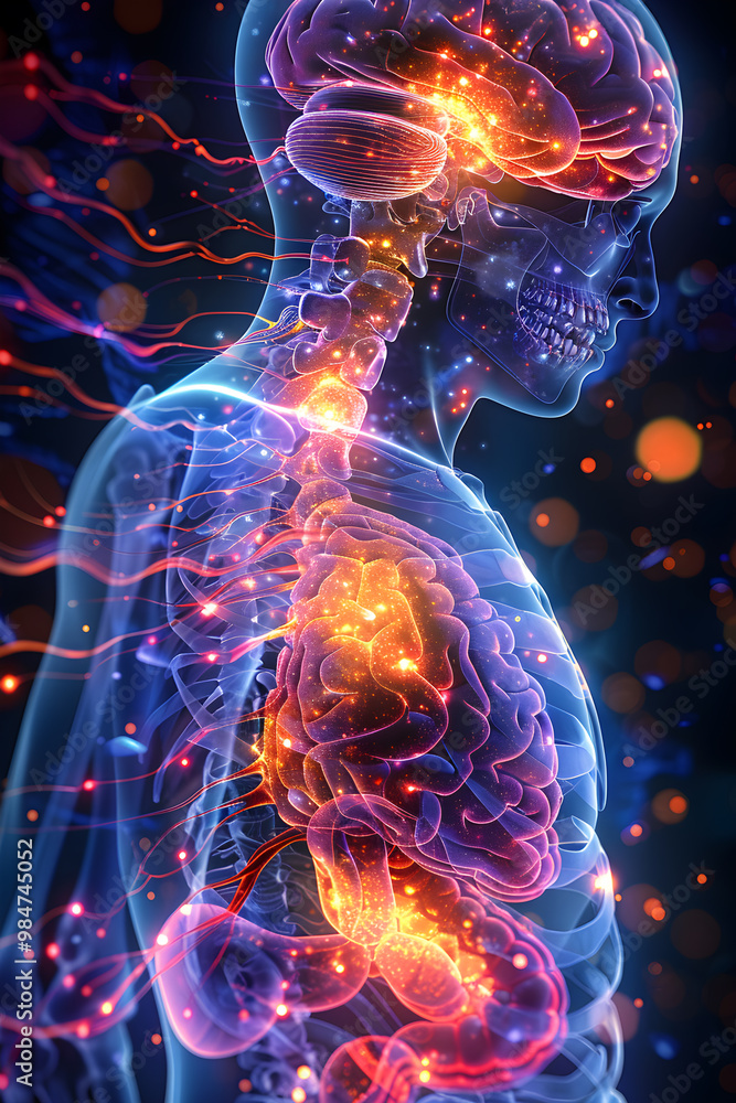 Poster a colorful brain with a skeleton in the background