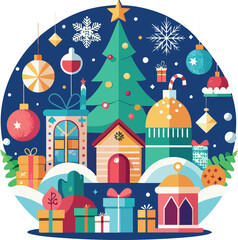 Fototapeta premium A festive Christmas house adorned with a beautifully decorated tree and vibrant holiday decorations in a vector illustration